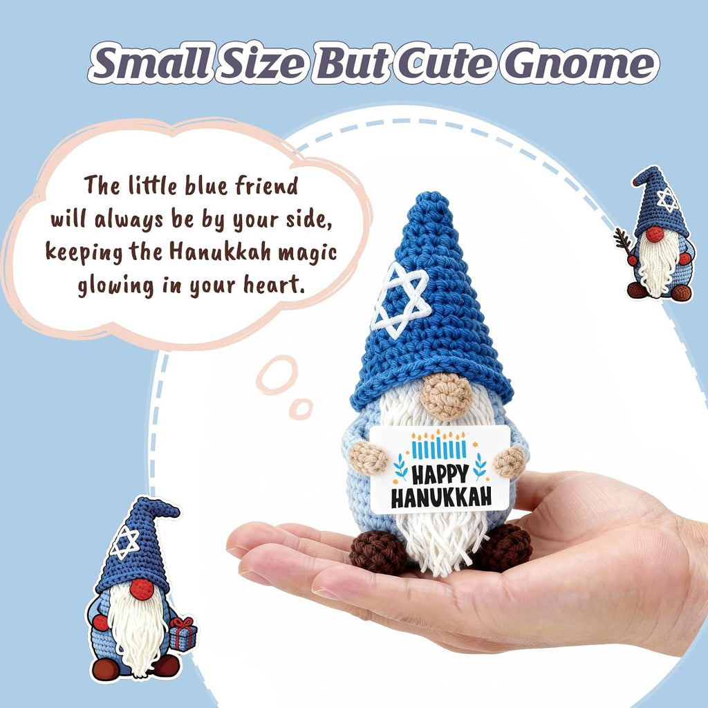 Hanukkah Gnome Crochet Plush, Handmade Blue Gnome with Star David Hat & Happy Hanukkah Candle Card, Mini Amigurumi
