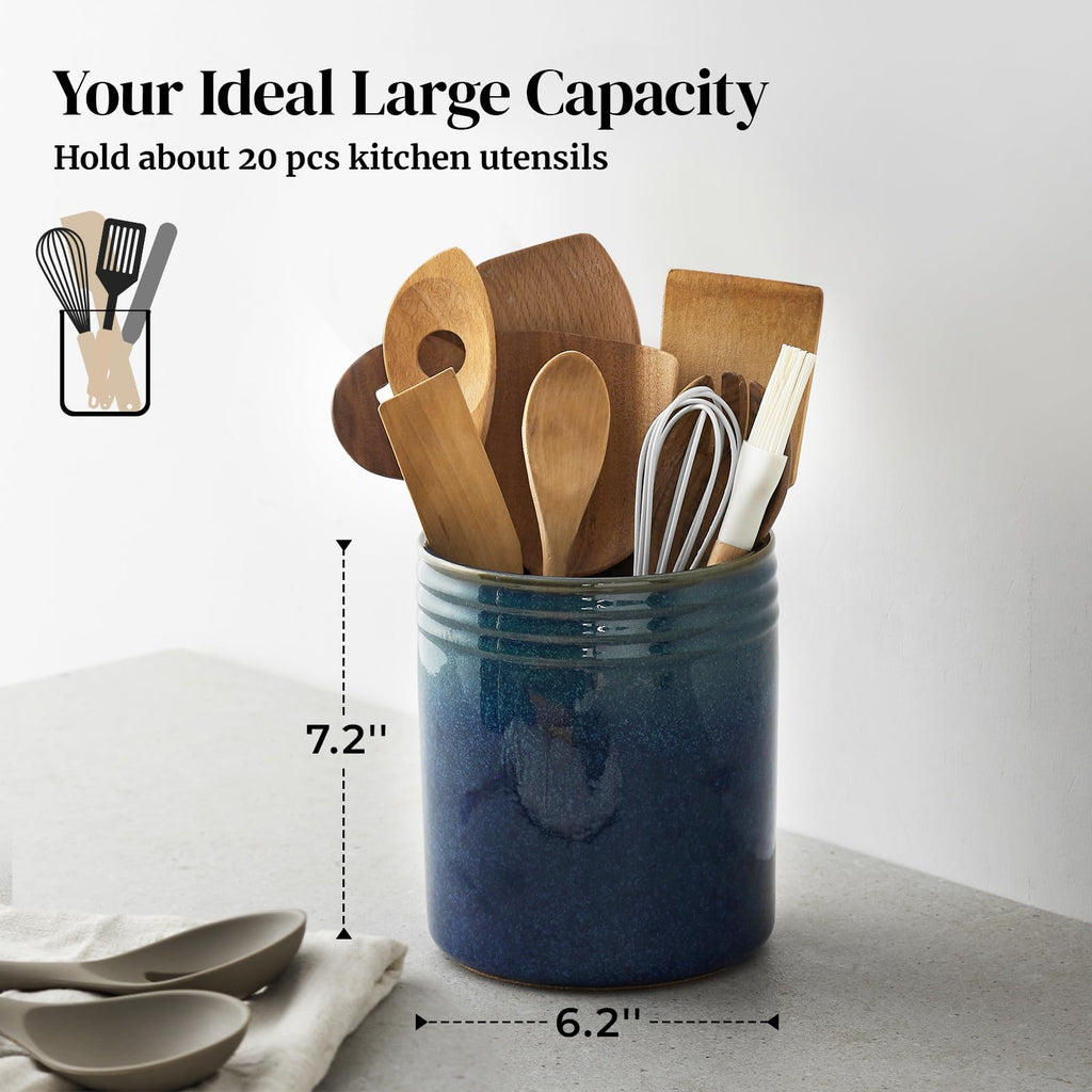7.2" Kitchen Utensil Holder, Extra Large Farmhouse Utensil Holders for Countertop, Ceramic Utensil Crock, Anti Slip