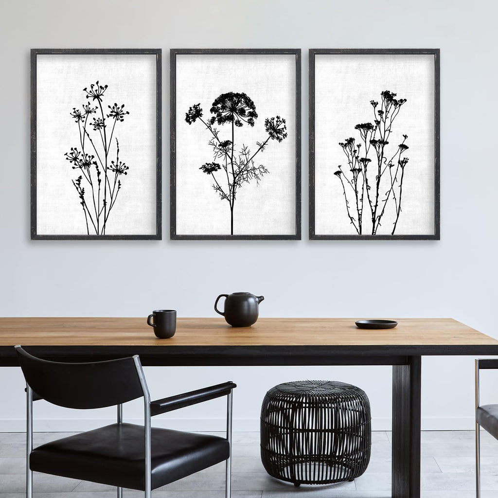 Flower Plant Wall Art Decor 16"x11" Set of 3 Black And White