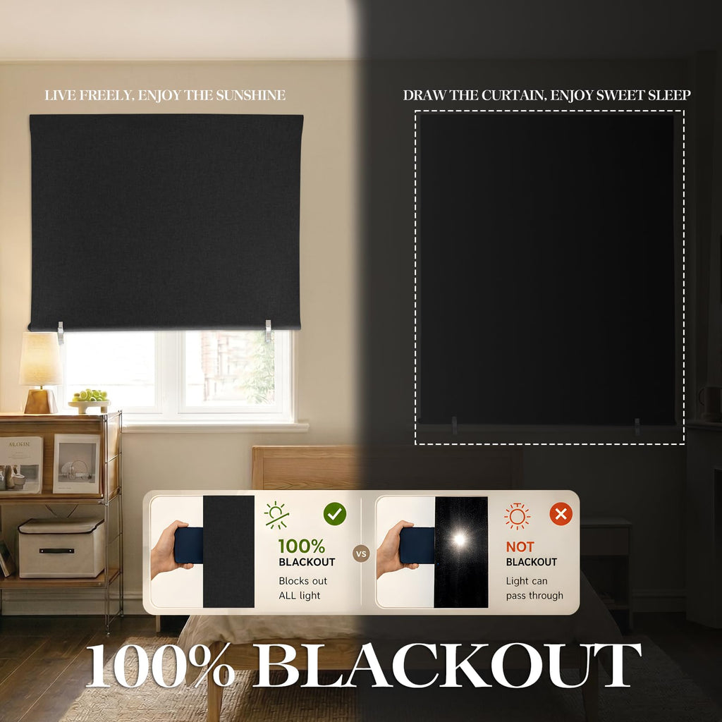 Wide 100% Blackout Roller Shades No Drill, Black