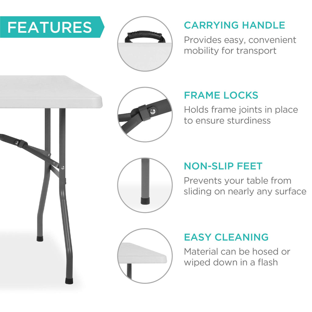 8ft Plastic Folding Table, Indoor Outdoor Heavy Duty Portable w/Handle, Lock for Picnic, Party, Pong, Camping - White