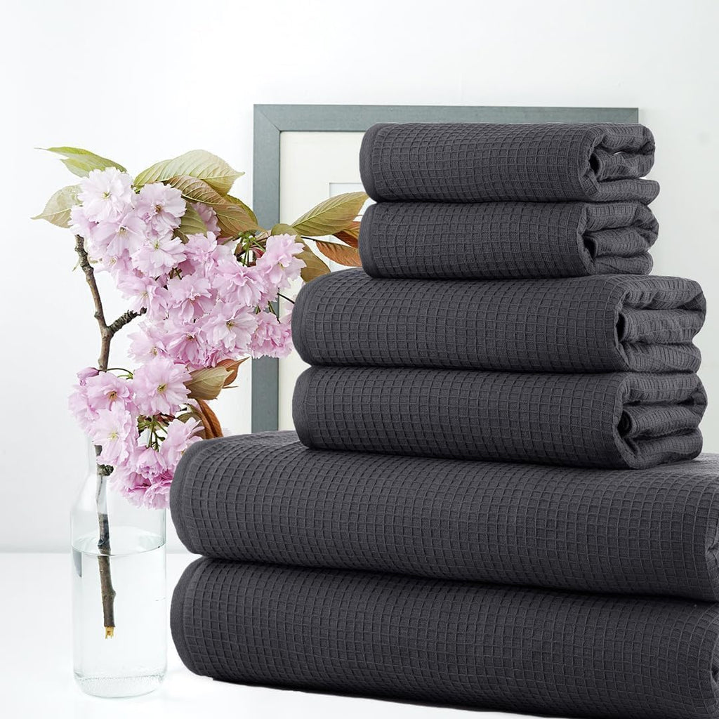 Waffle 6Pcs 100% Egyptian Cotton Large Designer Towels Gift Set- Silver Grey, 2Bath 2Hand 2Washcloths, Bath Towels