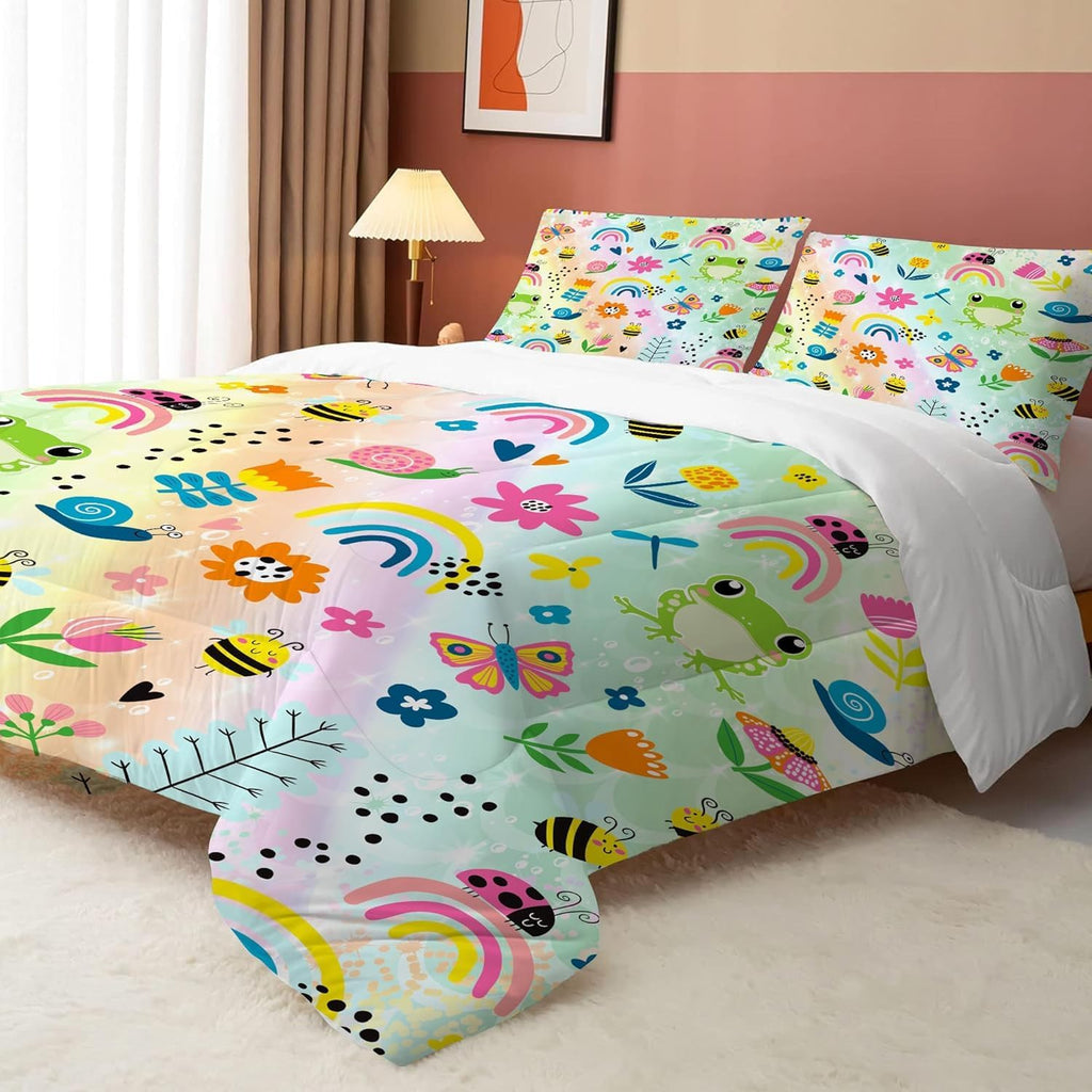 Rainbow Comforter Sets Twin Cartoon Floral Frogs Bedding Set for Girls Kids Children Boys Butterfly Flowers Bees