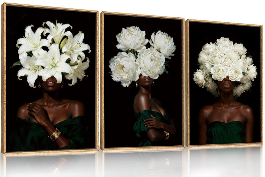 Black Woman Framed Canvas Prints Wall Art Set, Abstract White Hydrangea Wall Decor, Vintage African American Girl Art