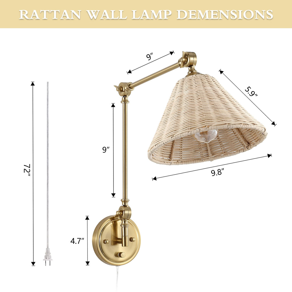 Wall Sconce Rattan Wrapped Wall Lamp, Large Lampshade, Adjustable Swing Arm Wall Light Gold Vintage Bedside Light