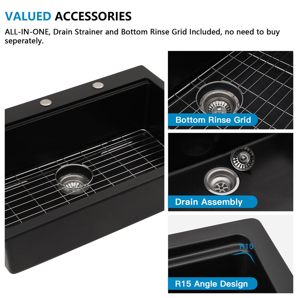 33 Granite Composite - 33"x22" Granite Drop In Topmount Ledge Workstation ‎Matte Black Quartz Classic Above Counter