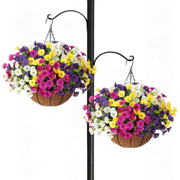 2 Set Artificial Hanging Flowers Faux Plants Basket, Fake Silk Petunias Plants Arrangement for Outdoors Spring Summer