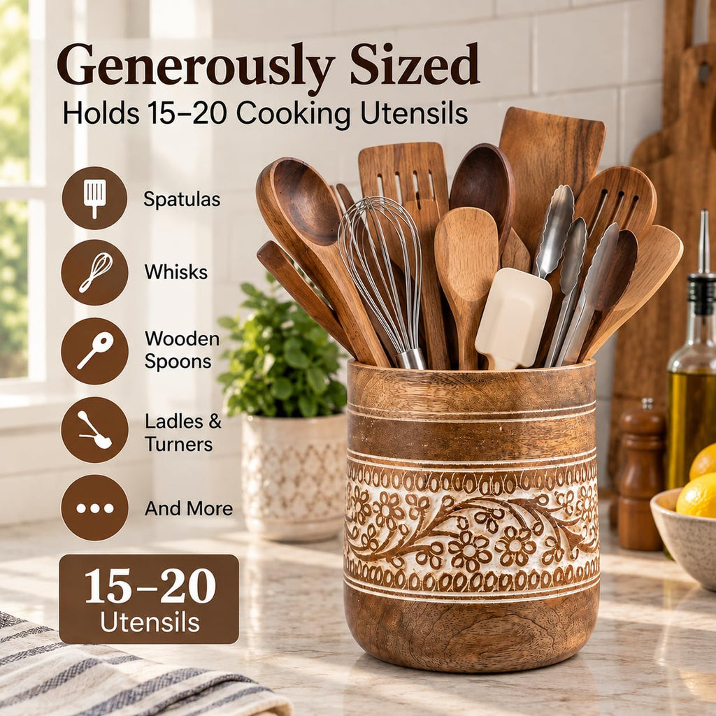 Farmhouse 7'' Large Wooden Utensil Holder, White Floral