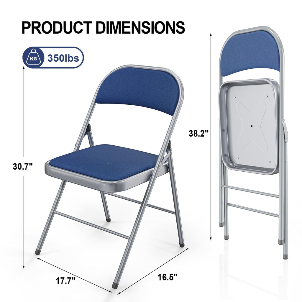 6 Pack Folding Chairs with Padded Seats, Metal Frame with Fabric Seat & Back, Capacity 350 lbs, Blue, Set of 6