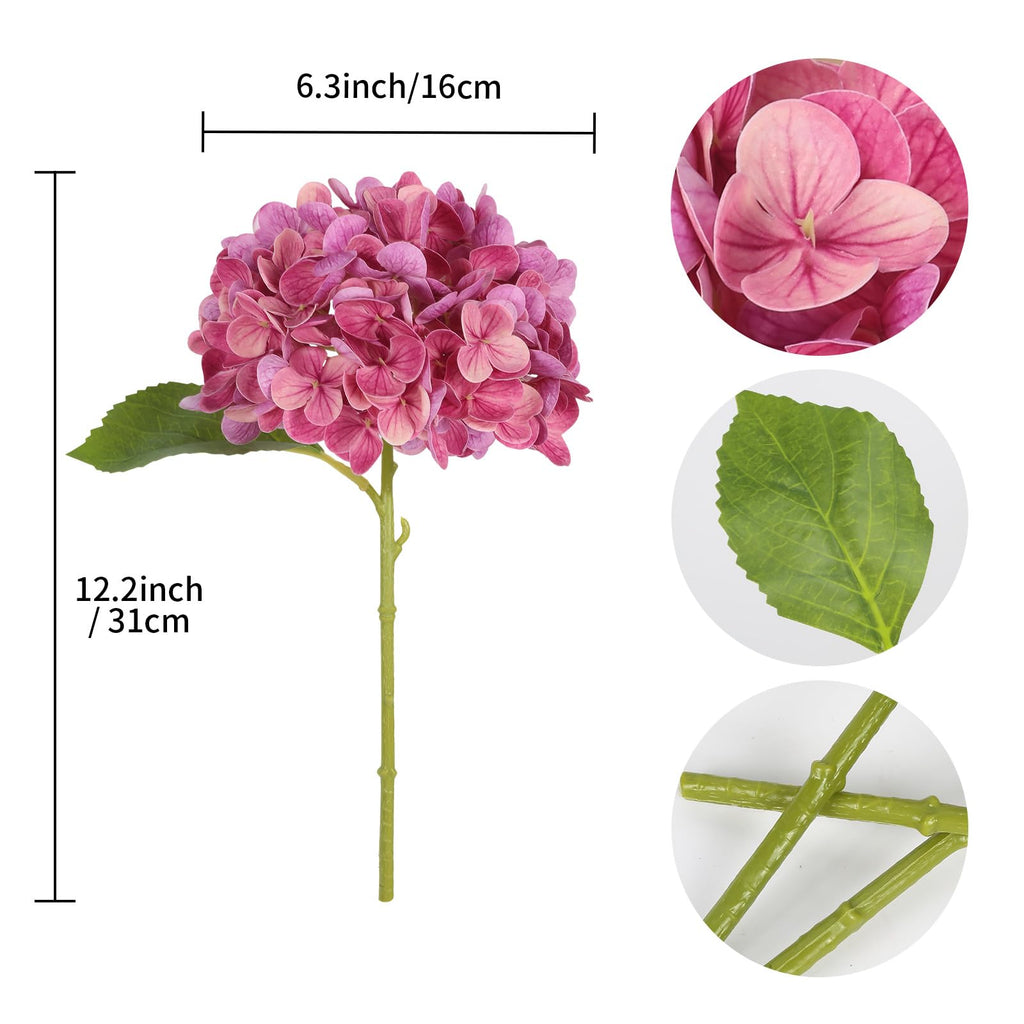 6PCS Real Touch Artificial Fuchsia Faux Hydrangeas with Short Stems Latex Realistic Fake Decor Party Floral