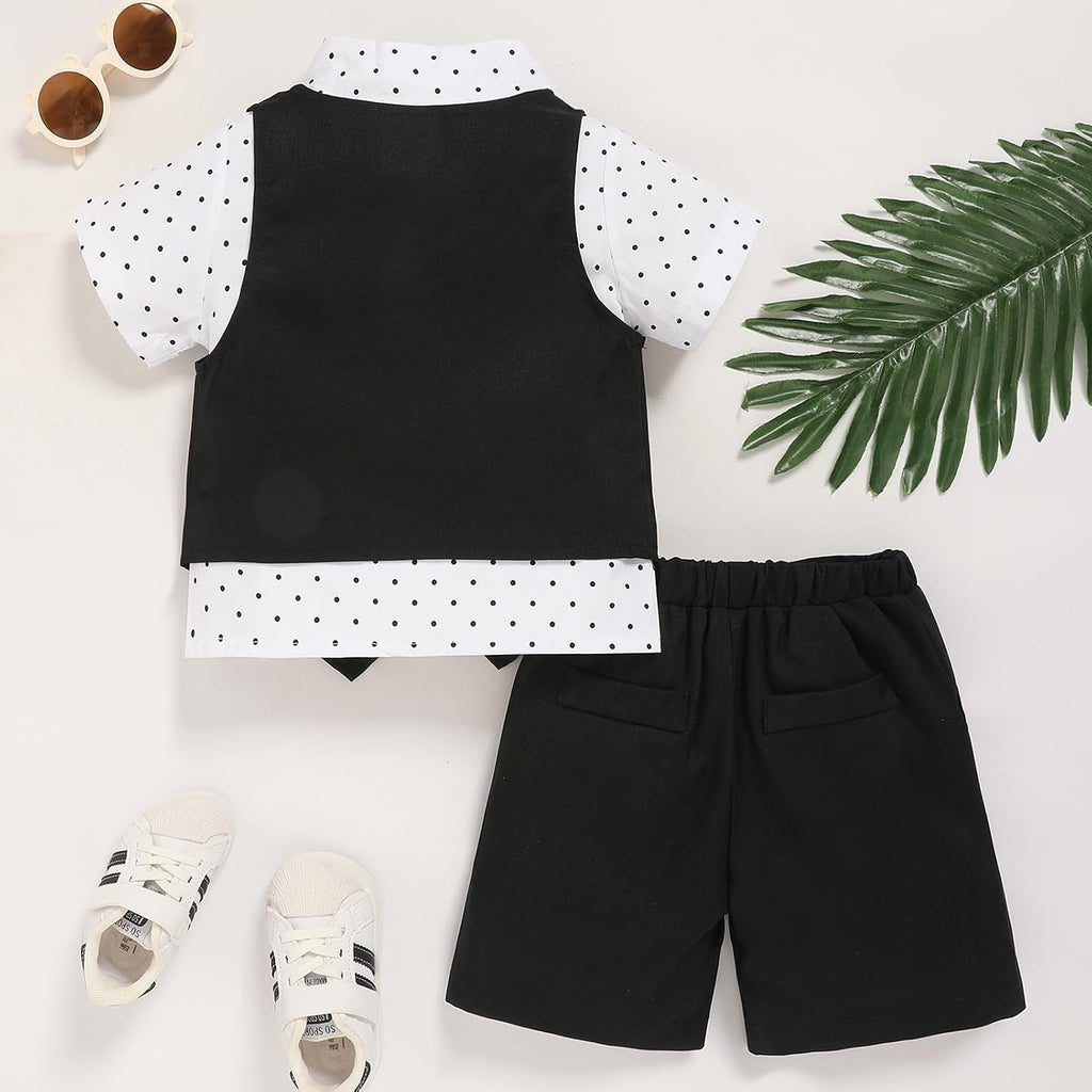Boy Gentleman Outfits Short Sleeve Bowtie Shirt with Vest and Shorts Formal Wedding 3Pcs Suit Set