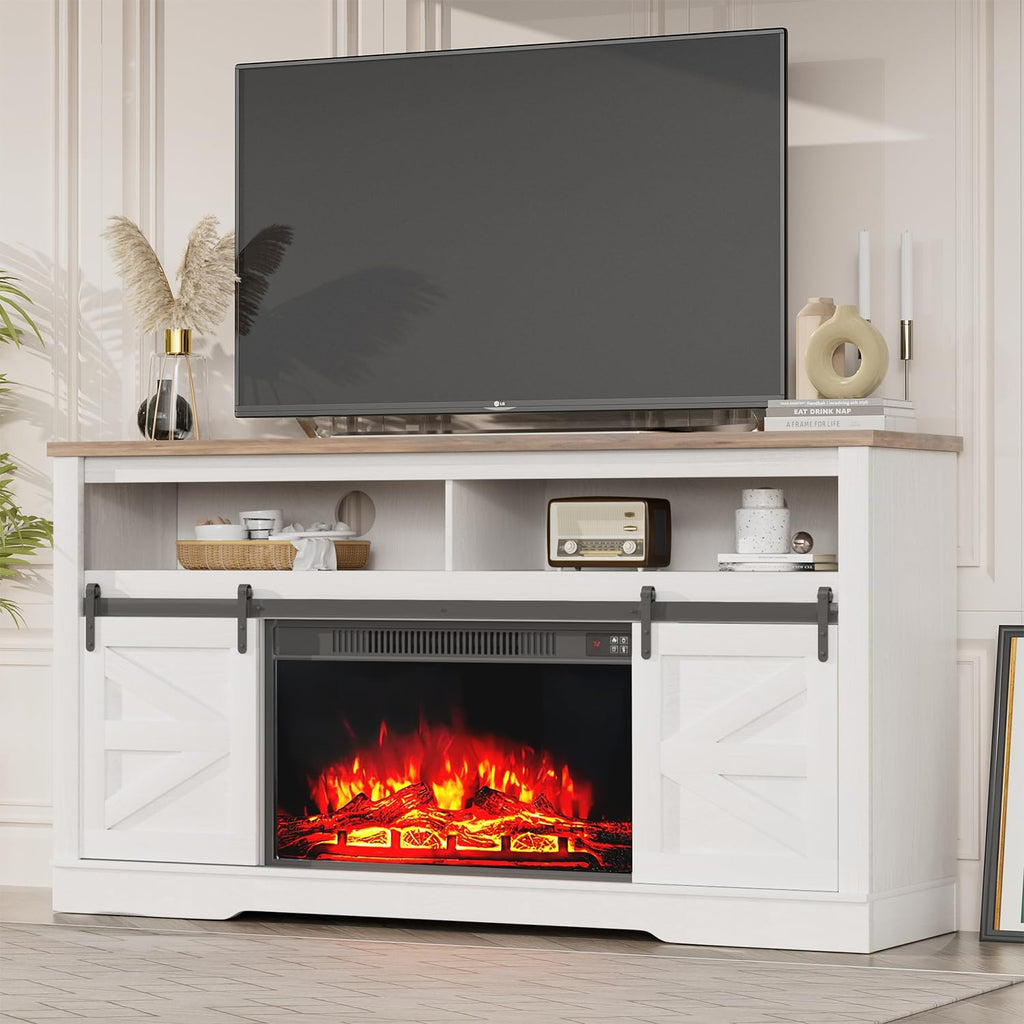 For TVs up to 65", Farmhouse Media Console, White | White Electric Fireplace TV Console with Storage Cabinets &
