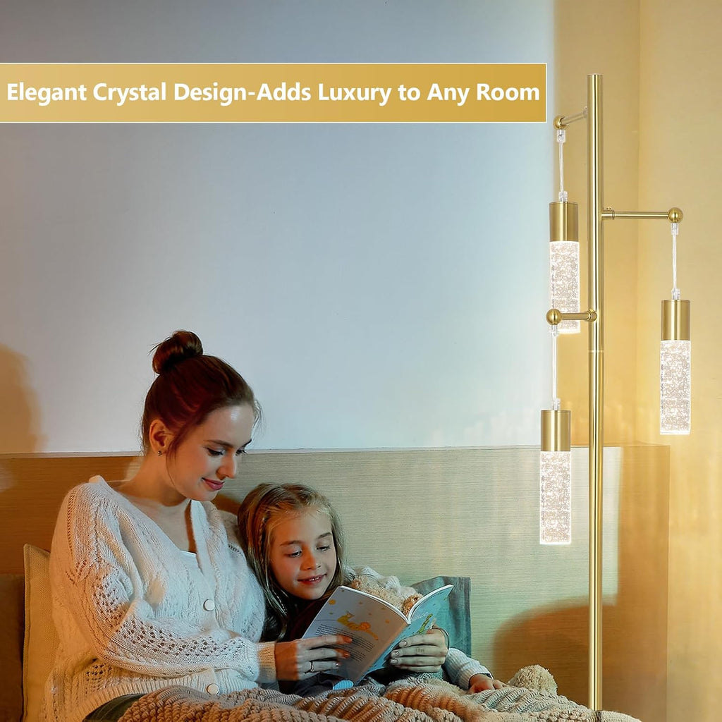 Gold Floor Lamps, Modern Brass Standing Lamp with Bubble Crystal Shades, 3 Built-in LED Lights, ON/Off Foot Switch