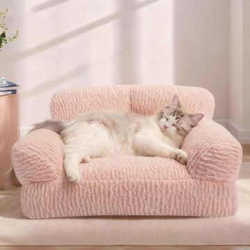 Pink Cat Couch Sofa Bed - Fluffy Orthopedic Pet Lounge for Indoor Cats, Removable Washable Cover, Supportive Kitten