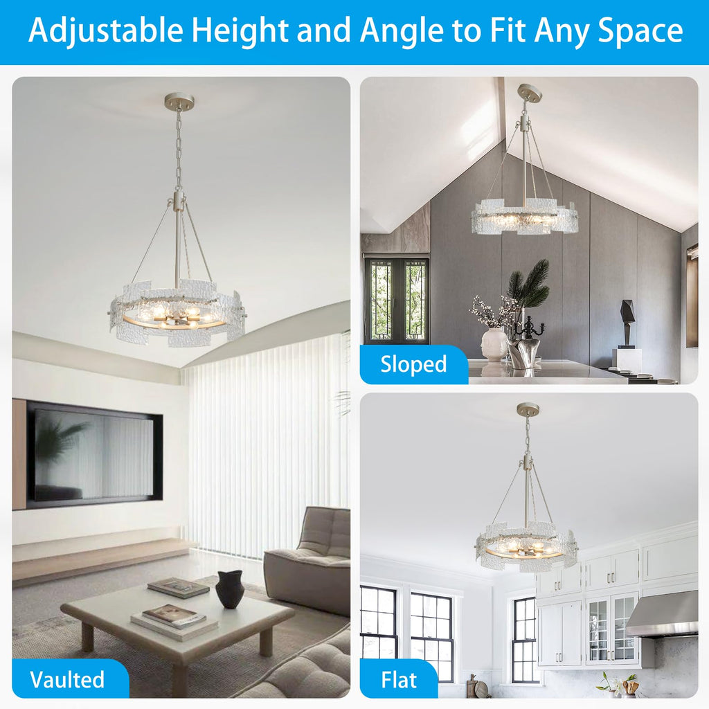 Modern Farmhouse Chandelier 6-Light Silver Glass Drum Chandeliers 19.7" Height Adjustable Water Ripple Rustic Pendant