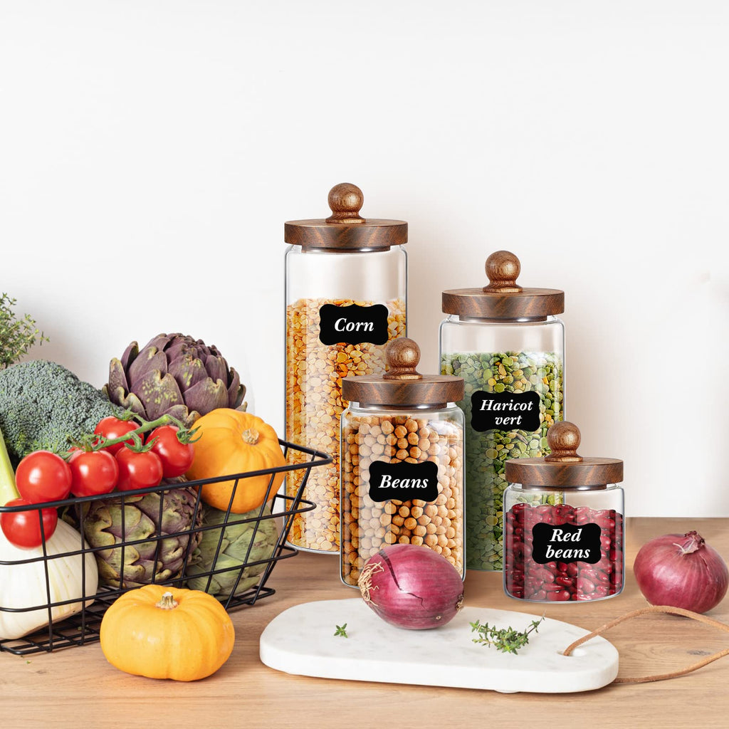 Glass Storage Jars Set of 4, Clear Containers with Wooden Lids