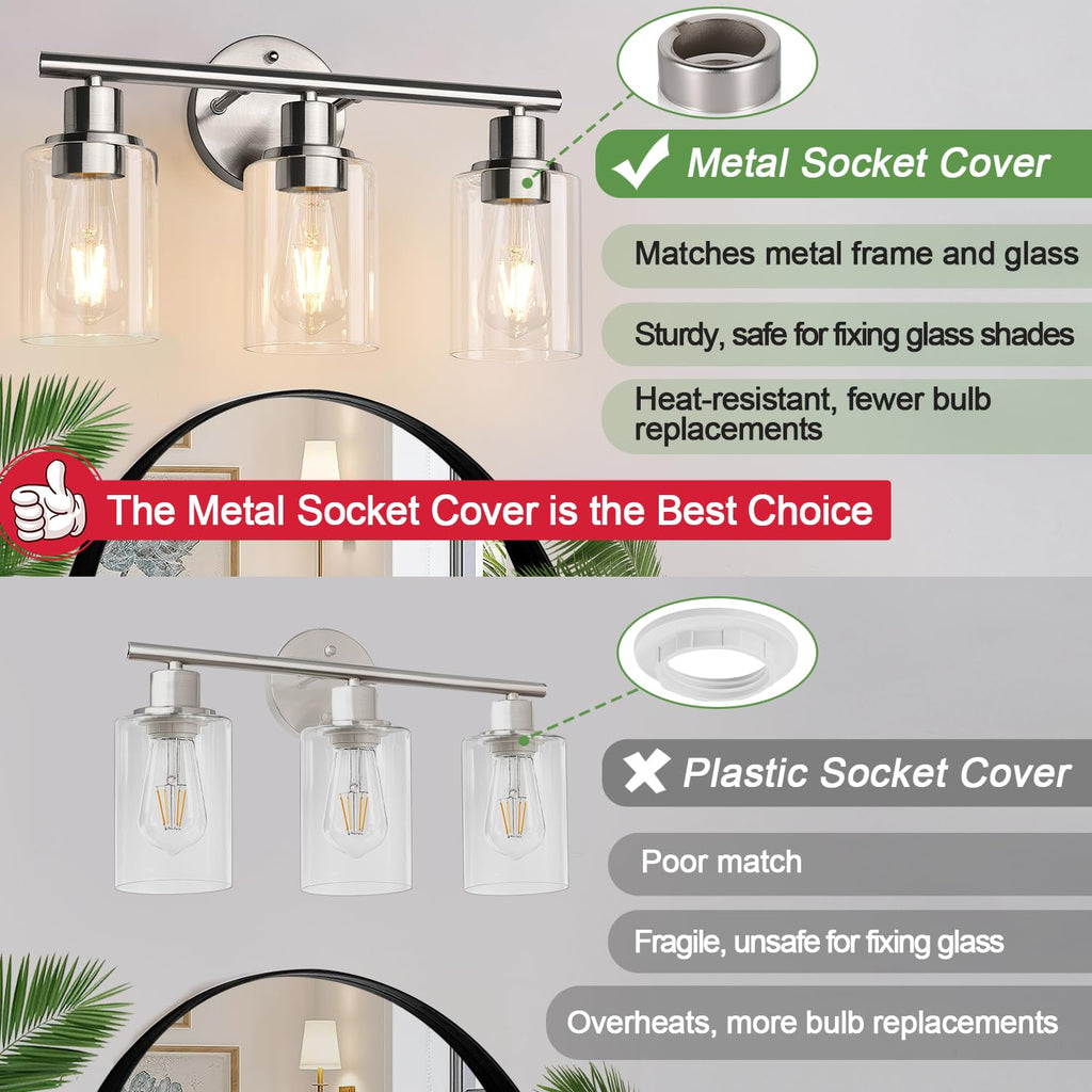 3-Light Bathroom Light Fixtures, Brushed Nickel Vanity Light, Farmhouse Wall Lights with Clear Glass Shade, Bathroom
