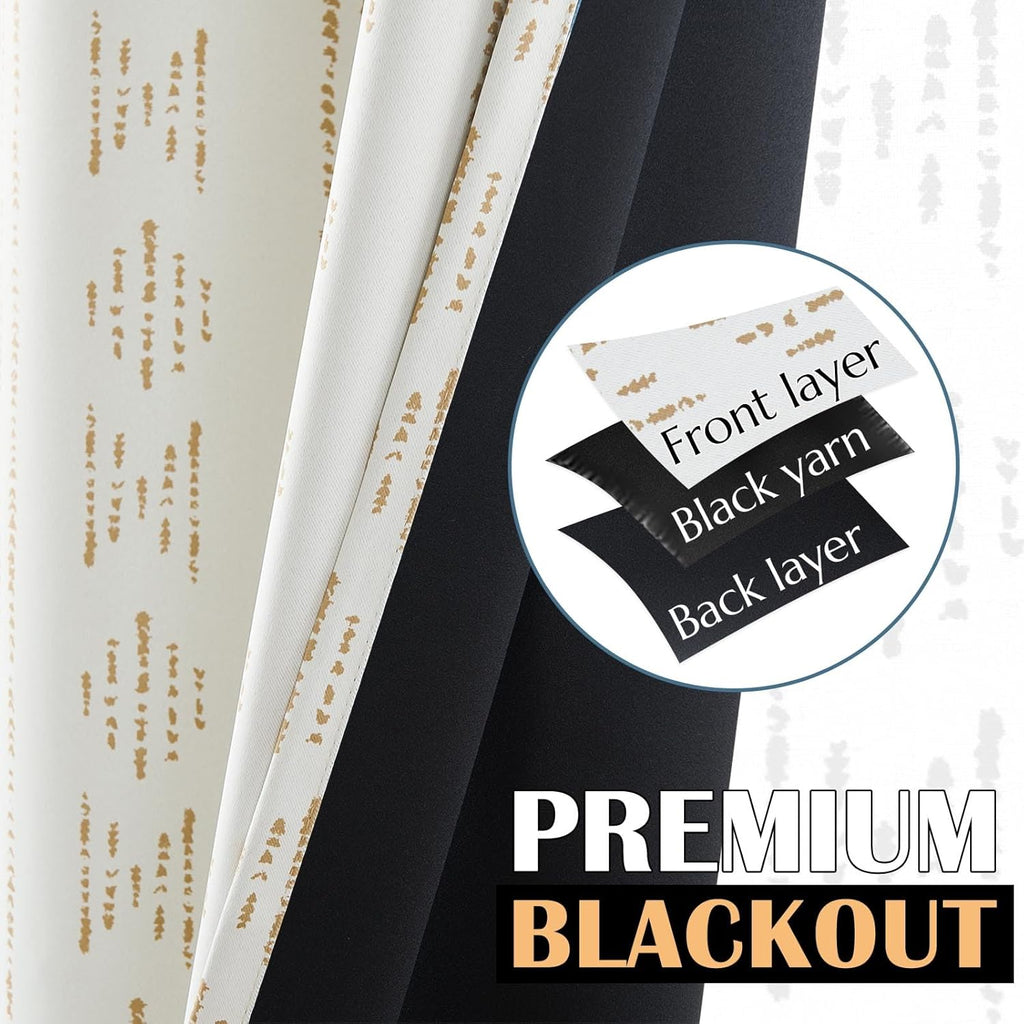 95% Blackout Boho Curtains 84 Inch Longes for Bedroom Beige Geometric Printed Grommet Top Room Darkening Thermal