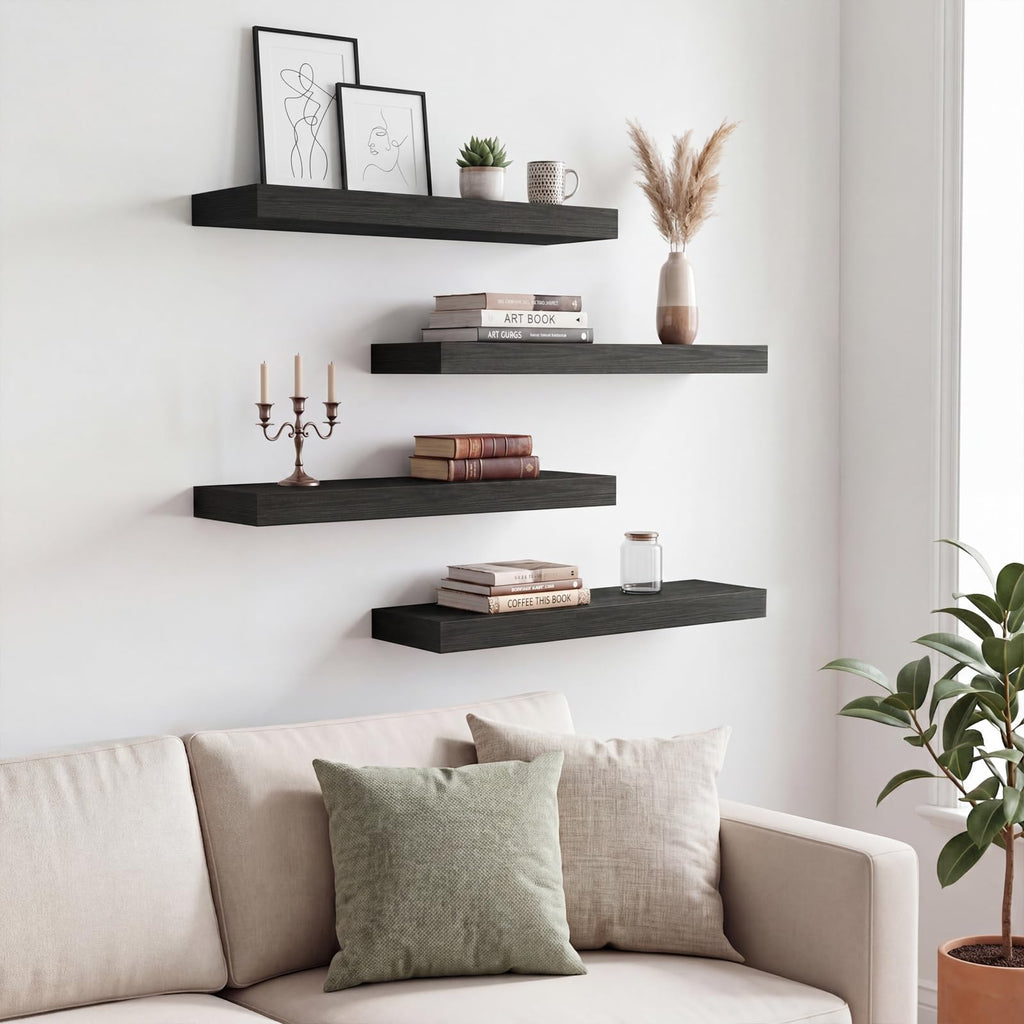 Floating Shelves for Wall Decor (Black, Set of 4, 15.7 Inch)