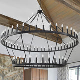 80 Inch Wagon Wheel Chandelier - 2-Tier 56-Light Black Farmhouse Pendant for High Ceilings, Indoor & Outdoor