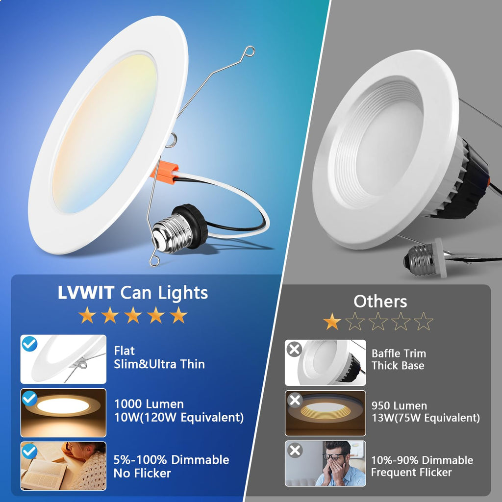 6 Inch Recessed Lights, 5CCT LED Can Lights, Dimmable, 6 Pack,White