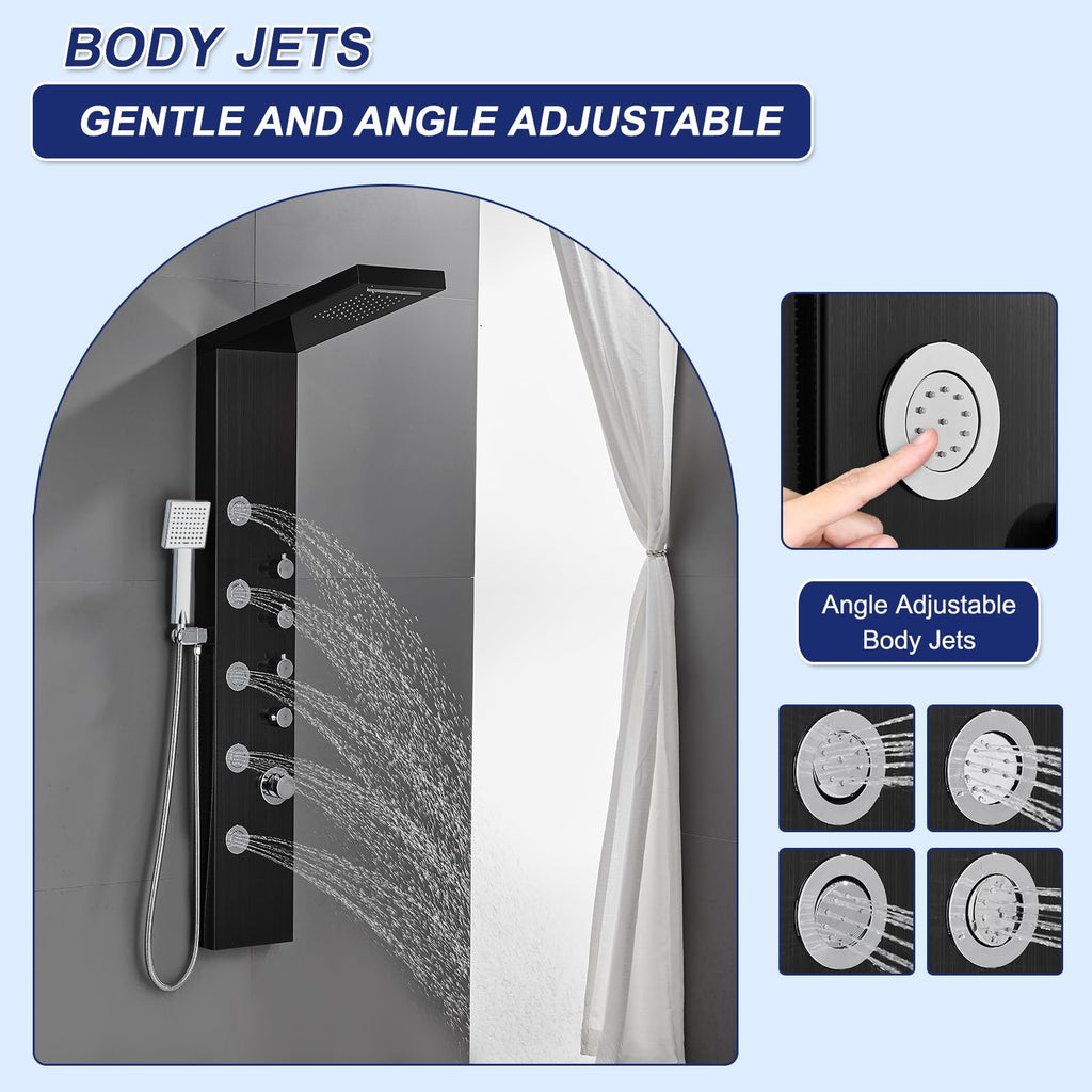 4-in-1 Rainfall Waterfall Shower Panel Tower System, Black