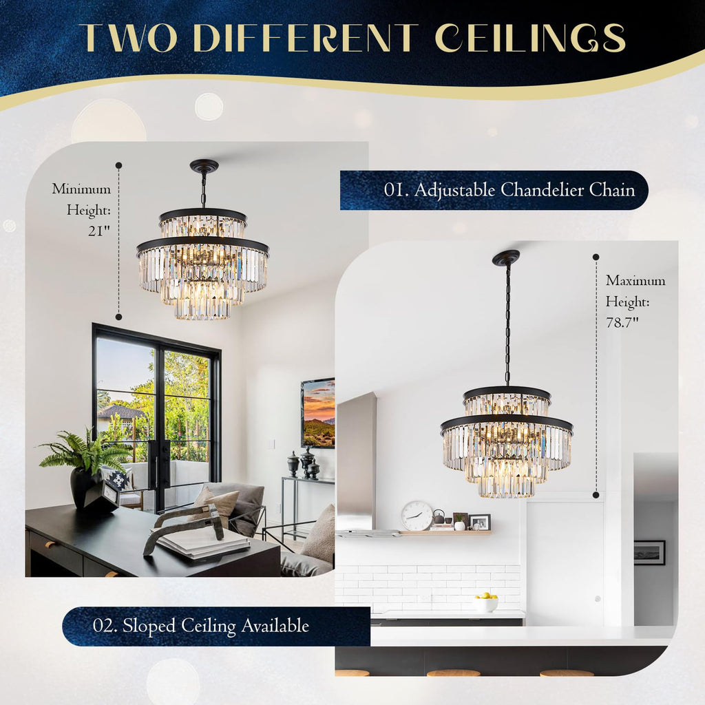 Black Crystal Chandeliers 15 Lights 22" Luxury Round Chandelier