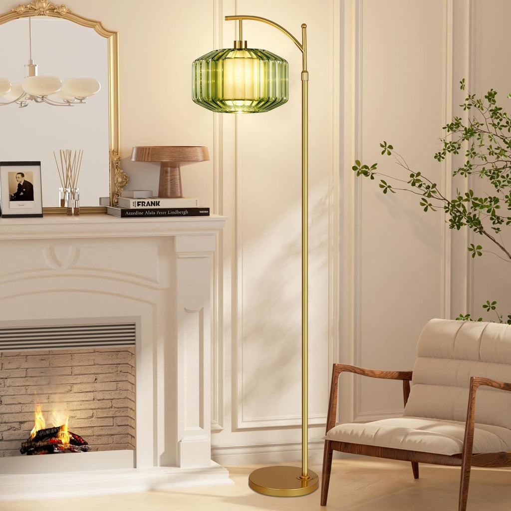 Arc Floor Lamp, Gold Vintage Remote Dimmable Standing Lamps With Green Drum Glass&Fabric Shade, LED Tall Floor Light