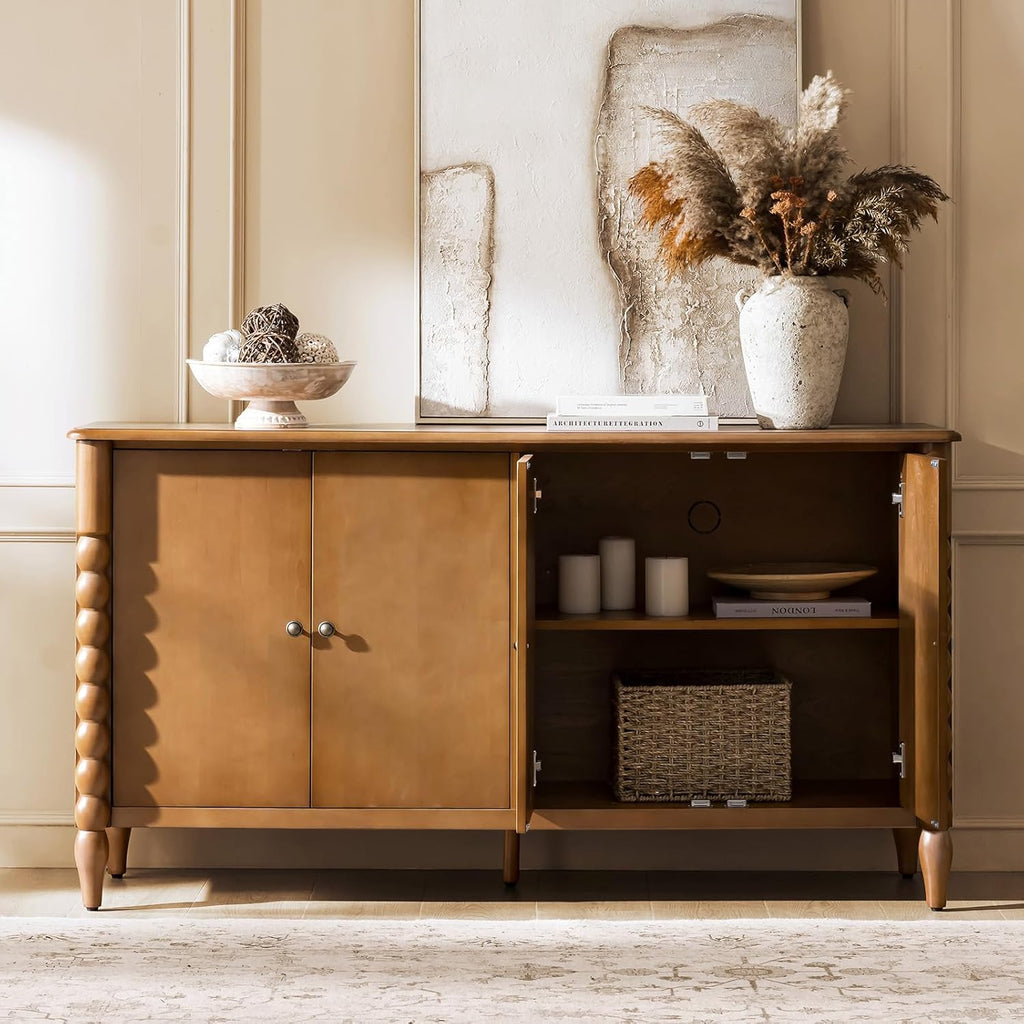 60" Sideboard Cabinet with Spindle Design, Transitional Storage Cabinet with 4 Doors, Adjustable Shelves