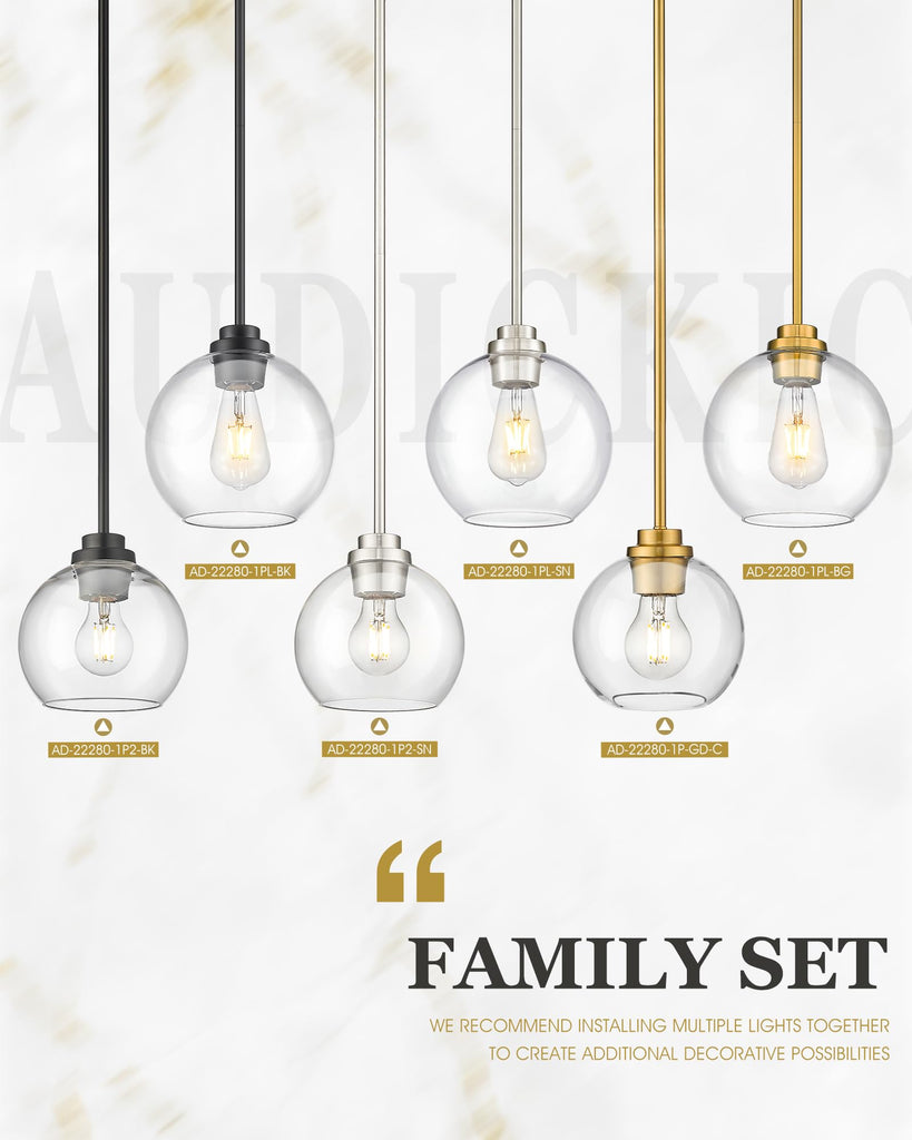 Black Pendant Lights Kitchen Island, 8" Pendant Light Fixtures with Globe Clear Glass Shade, Modern Kitchen Island