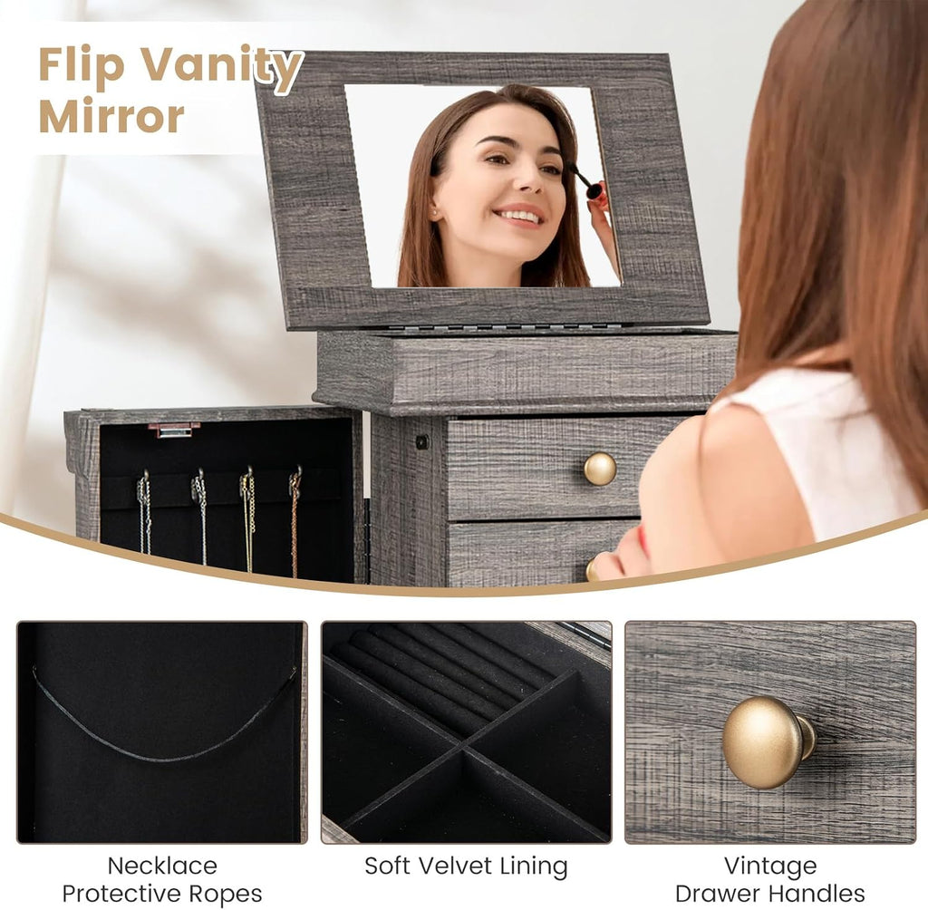 Jewelry Armoire Cabinet, Wooden Jewelry Chest Organizer with Flip Top Makeup Mirror, 5 Drawers, 2 Side Doors, 8