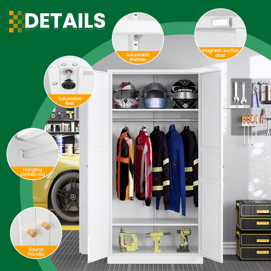 Metal Armoire Wardrobe Closet Cabinet, White Armoire Wardrobe Closets Storage Cabinets with Doors and Adjustable