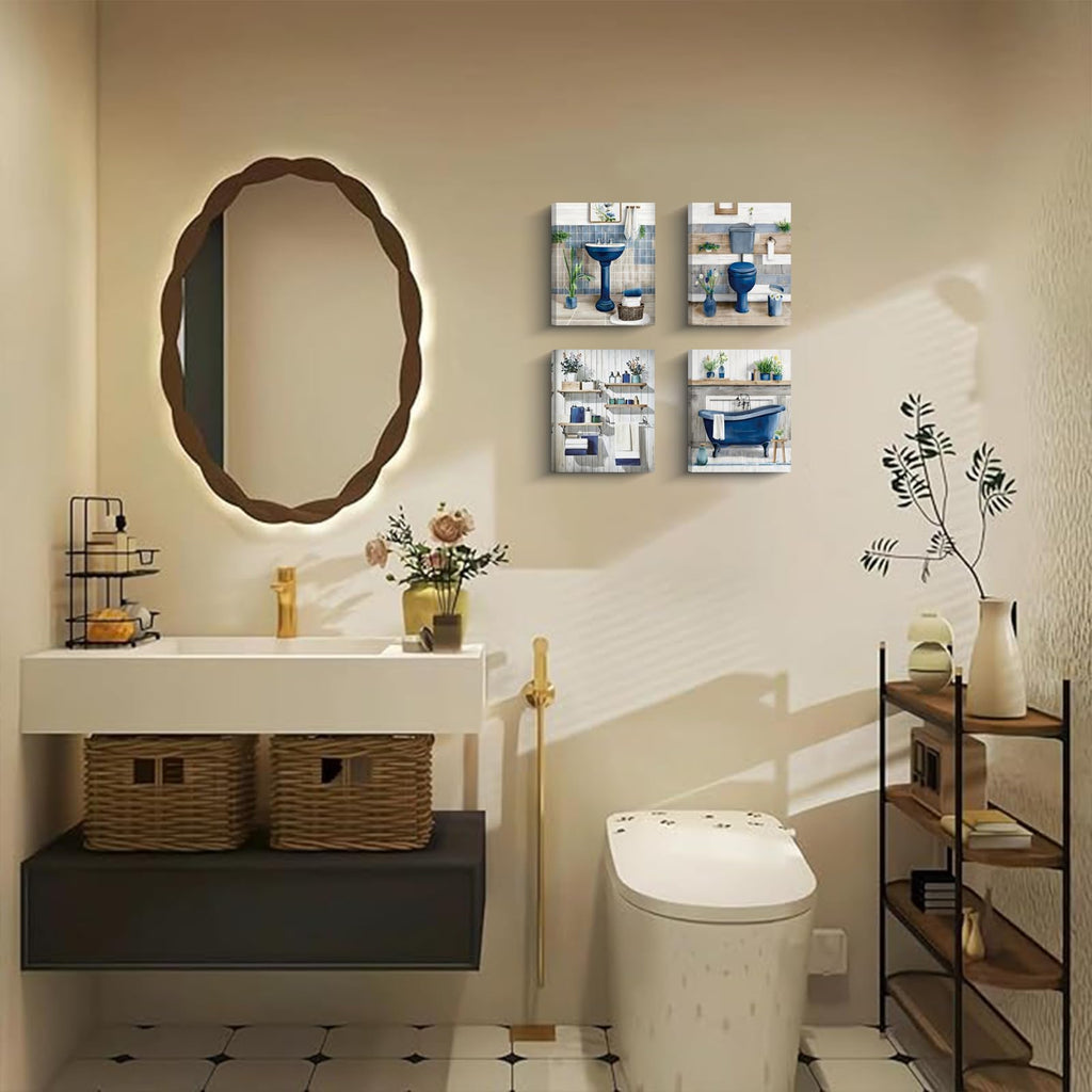 Framed Navy Blue Bathroom Wall Art, Bathroom Pictures Wall Decor Blue 4 Set