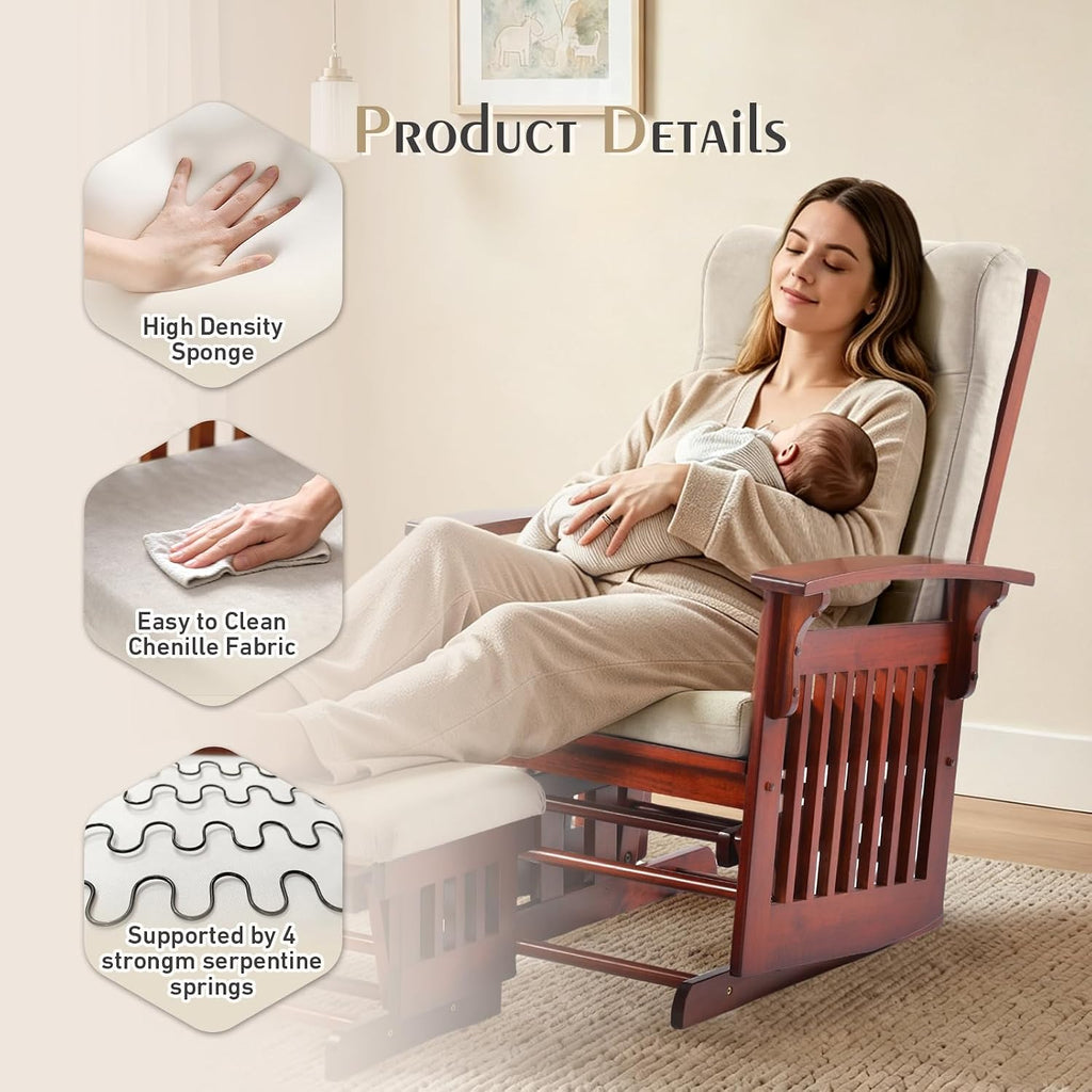 Glider Rocking Chair for the Nursery with Ottoman, 3A Solid Rubberwood Frame, Smooth-Gliding Rocking Chair Easy to
