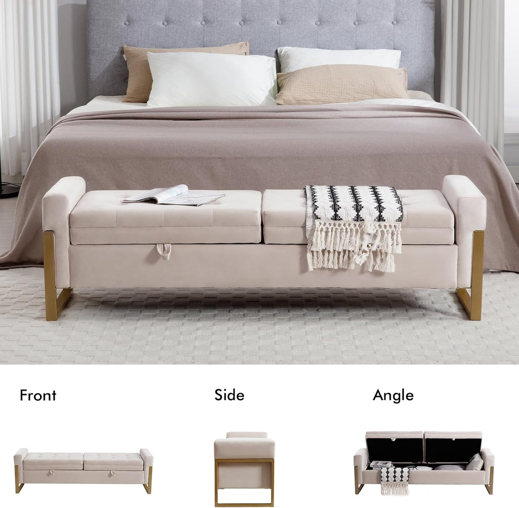 67" Storage Bench End of Bed, Velvet King Size Bed Bench with Double Lids and Gold Legs, Storage Ottoman Bench with