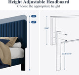 Queen Bed Frame, Velvet Upholstered Platform Bed with Adjustable Vertical Channel Tufted Headboard