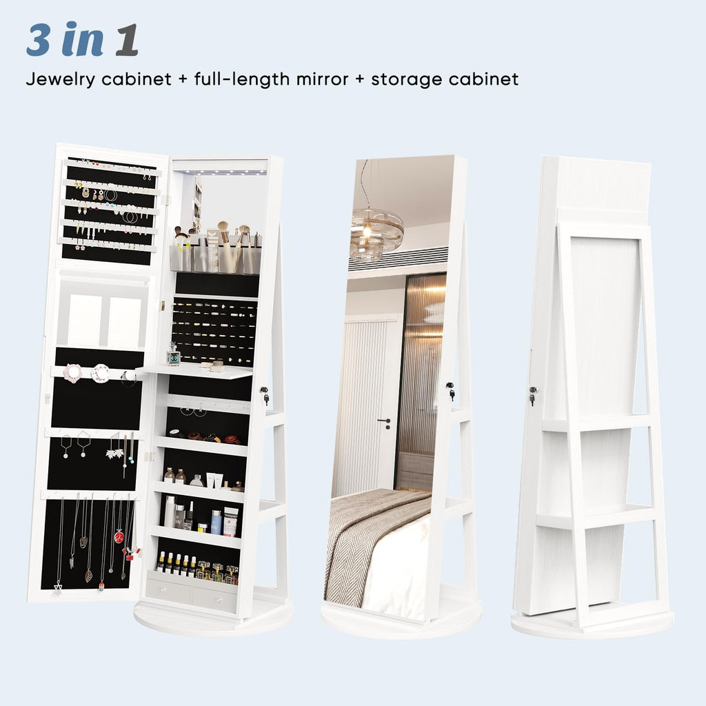 360° Swivel Jewelry Cabinet with Light, Lockable Full Length Mirror
