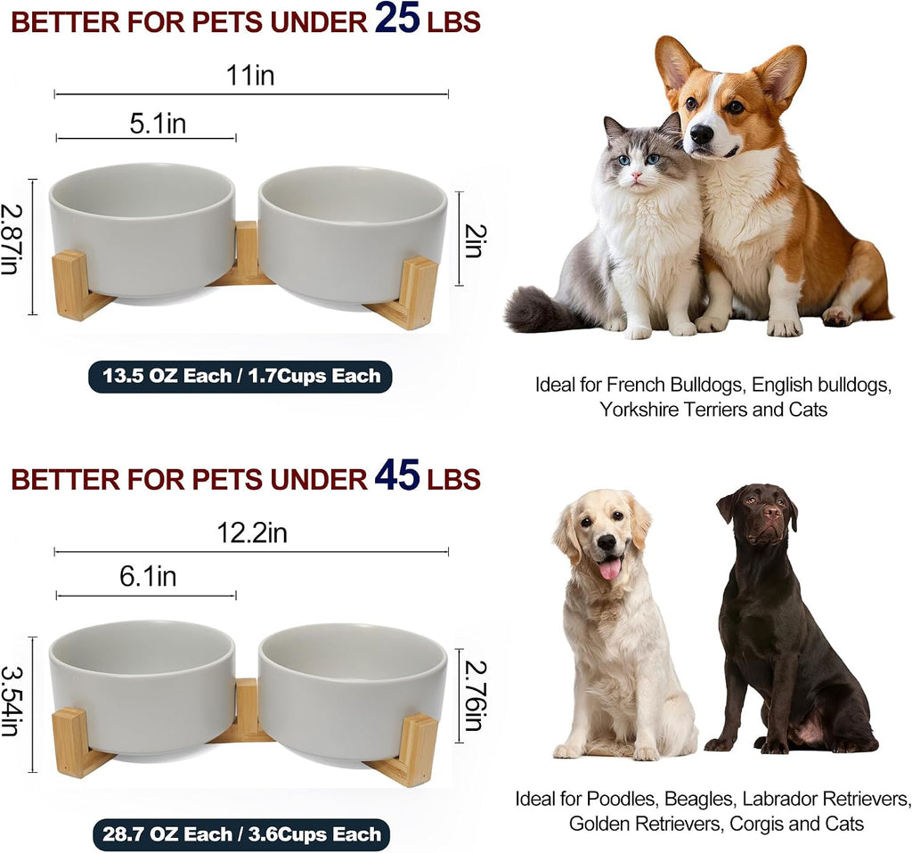 Dog Food Bowl Set, 13.5 oz Ceramic Bowls with Wood Stand, Grey
