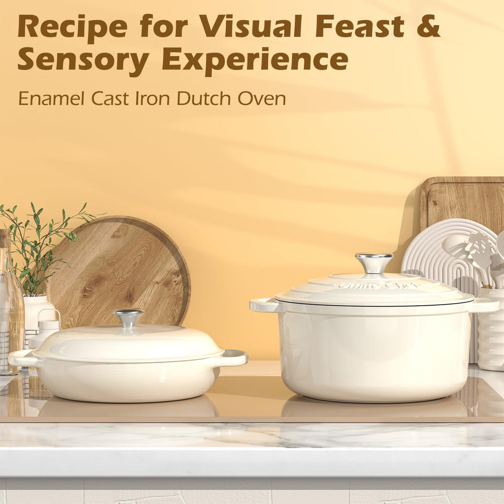 Enameled Cast Iron Dutch Oven-7QT Pot with Lid Cookbook & Cotton, Heavy-Duty Cookware for for Bread Baking, Braising