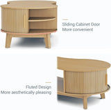 Coffee Table, Dual Oval Coffee Table with with Storage Cabinet and Sliding Tambour Door, 2-Tier Open Storage Shelf