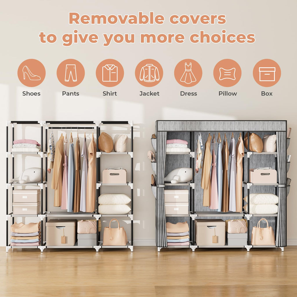 Portable Closet Wardrobe for Hanging Clothes 57.3 Inch Large Capacity Clothes Rack with Cover, 10 Storage Organizer