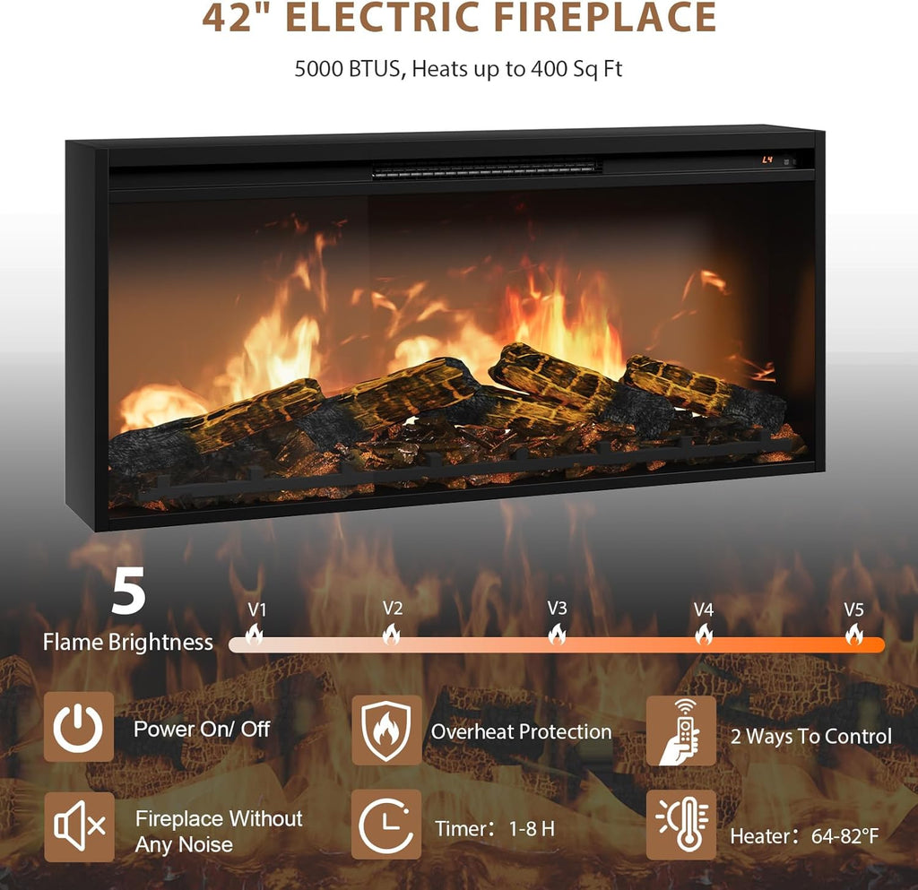 QUW 70" Fireplace TV Stand Up to 80" TVs, 42" Modern Electric Fireplace with Mantel