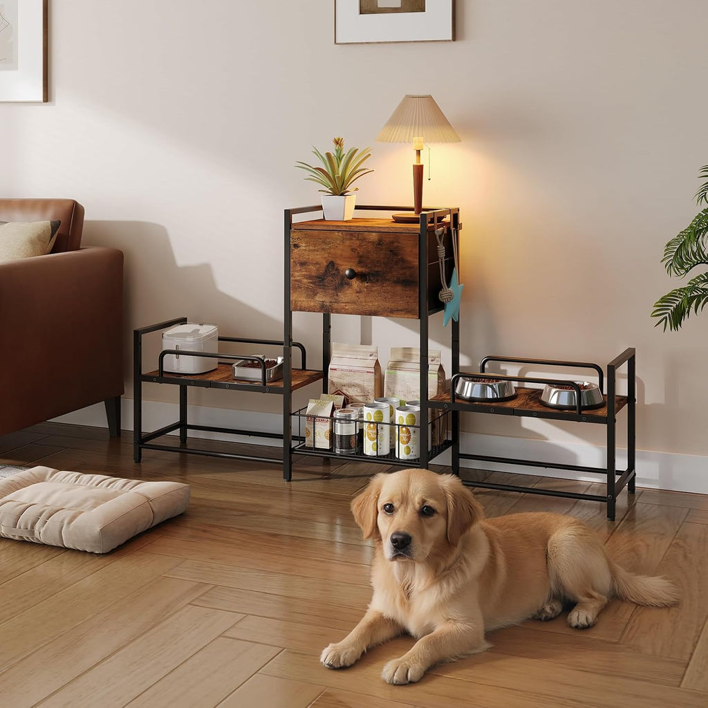 Dog Feeding Station with Drawer, 2 Elevated Bowl Stands & Large Dog Food Storage for 2 Dogs, Height Adjustable Pet