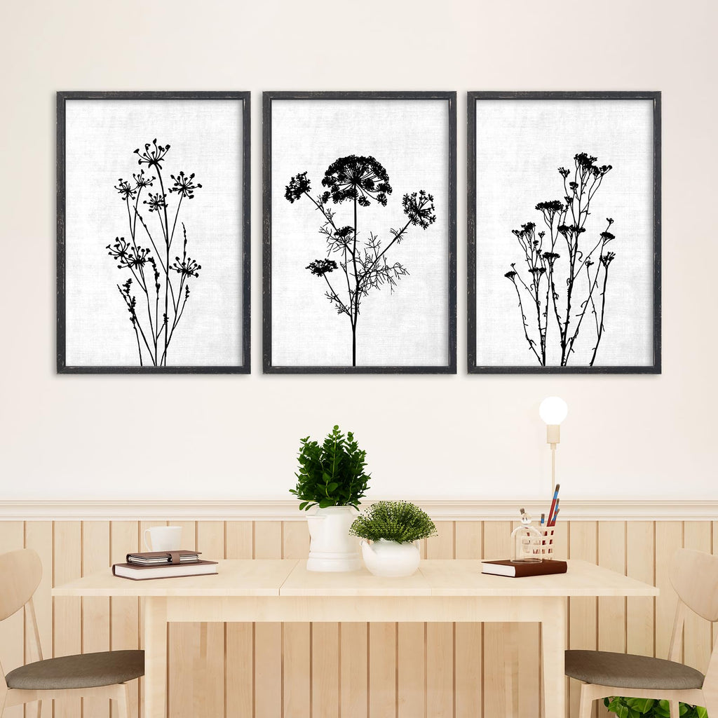Flower Plant Wall Art Decor 16"x11" Set of 3 Black And White