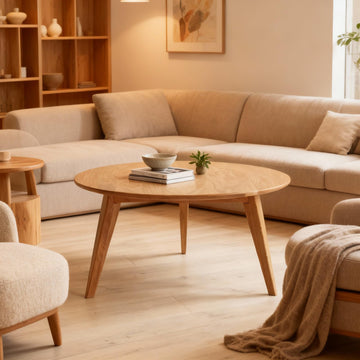 100% Solid Oak Wood Mini Coffee Table, Round Side Table w/Solid Wood Legs, Minimalist Coffee Table w/Sturdy Frame
