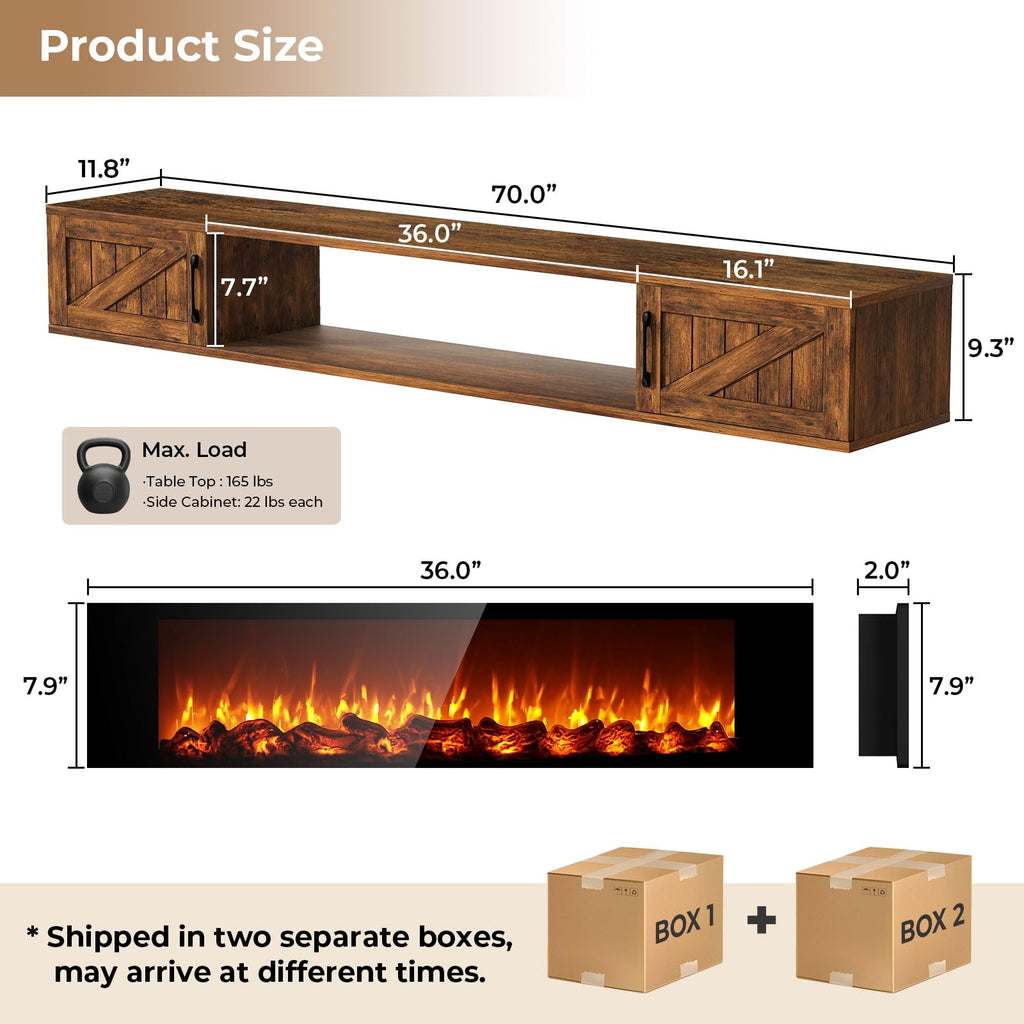 Floating TV Stand with 36" Electric Fireplace, 70" Farmhouse Entertainment Center for TVs Up to 80" Wall Mounted
