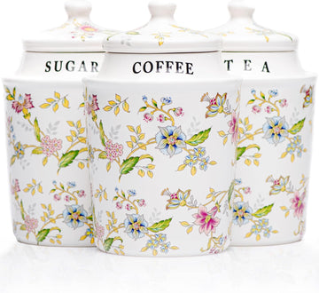 Small Coffee Tea Sugar Canister Set with Airtight Lids - Elegant Flower Kitchen Canisters Pantry Jars - Set of 3