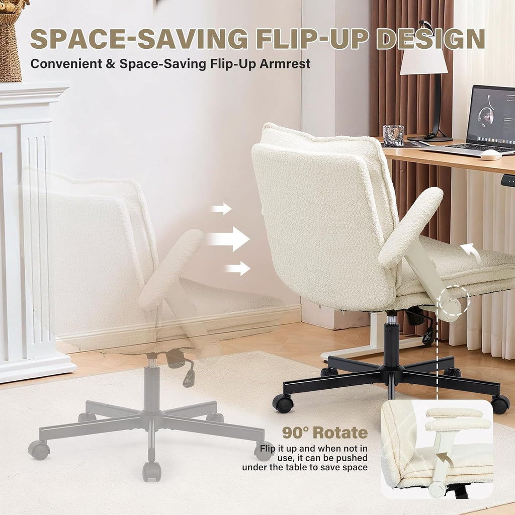 Criss Cross Legged with Wheels and Flip-Up Arms, Upholstered Criss Cross Desk Chair, Wide Seat Chairs for Home