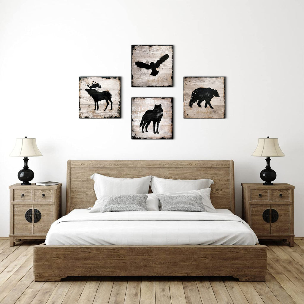Animals Wall Decor Cabin Wildlife Silhouette Wall Art Woodland Bear Pictures Farmhouse Moose Wolf Eagle Deer Canvas