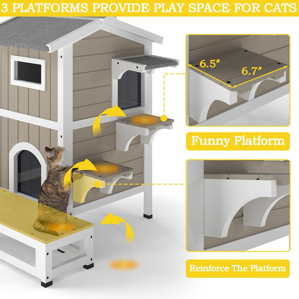 2-Story Insulated Outdoor Cat House, Weatherproof Feral Cat Shelter